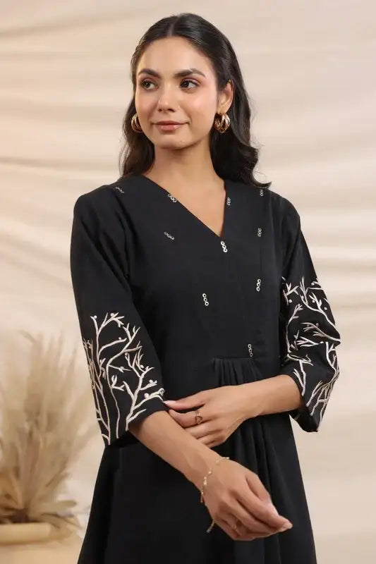 Midnight Black Elegance Flared Cotton Embroidered Dress