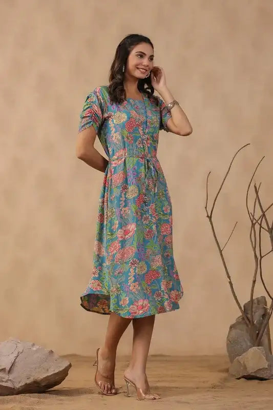 Teal Bloom Cinched-Waist Russian Silk Dress