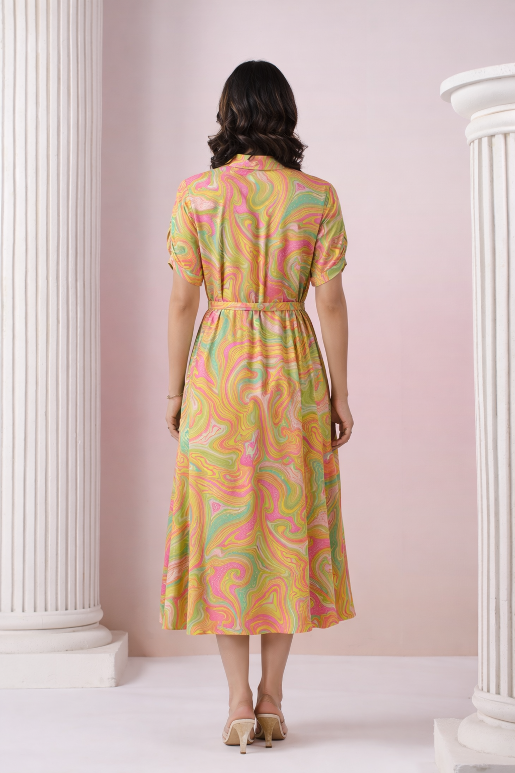 Multicolour Abstract Marble Printed Russian Silk Shirt Dress