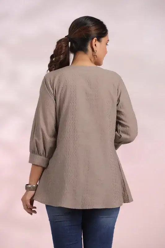 Misty Taupe Smocked Cotton Top