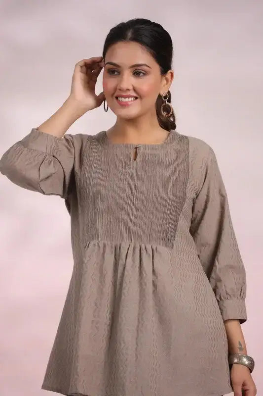 Misty Taupe Smocked Cotton Top