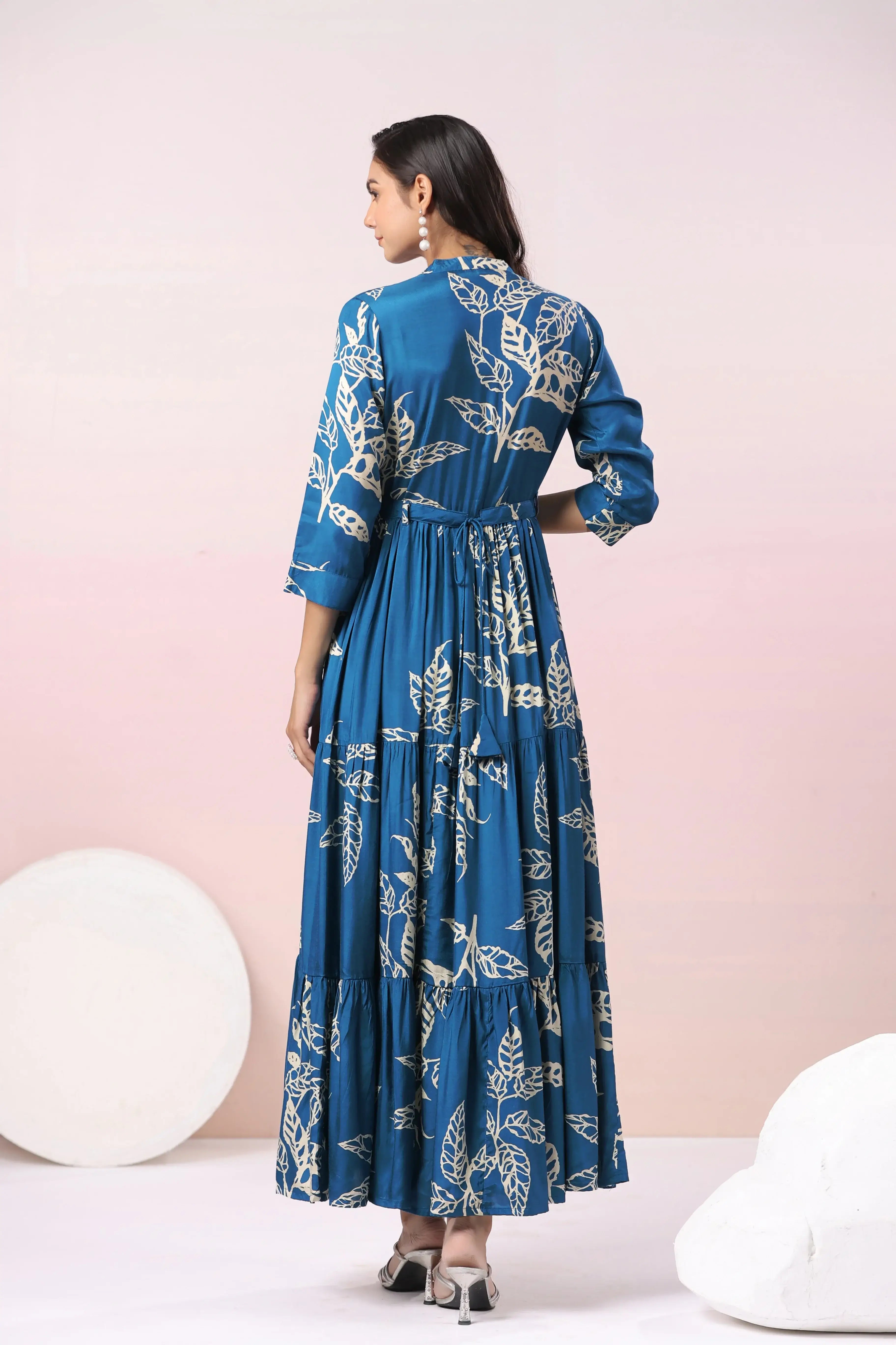 Azure Floral Elegance Russain Silk Dress