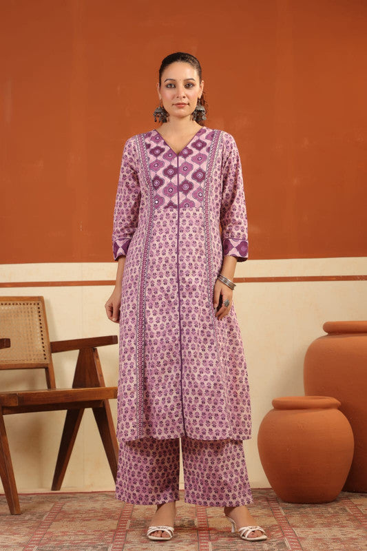 Purple Floral Printed Cotton Kurta Set with Dupatta