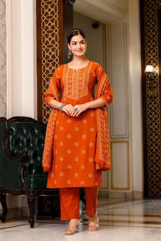 Orange Handblock Inspired Printed Kurta Pant Set with Dupatta