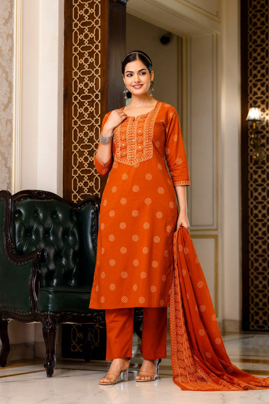 Orange Handblock Inspired Printed Kurta Pant Set with Dupatta