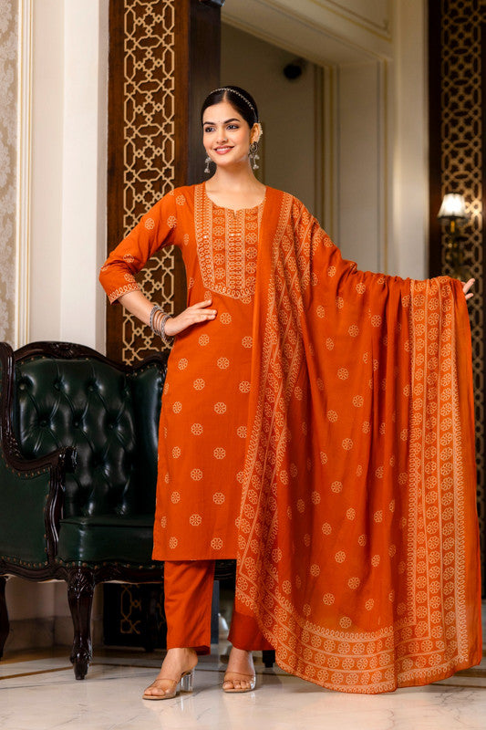 Orange Handblock Inspired Printed Kurta Pant Set with Dupatta