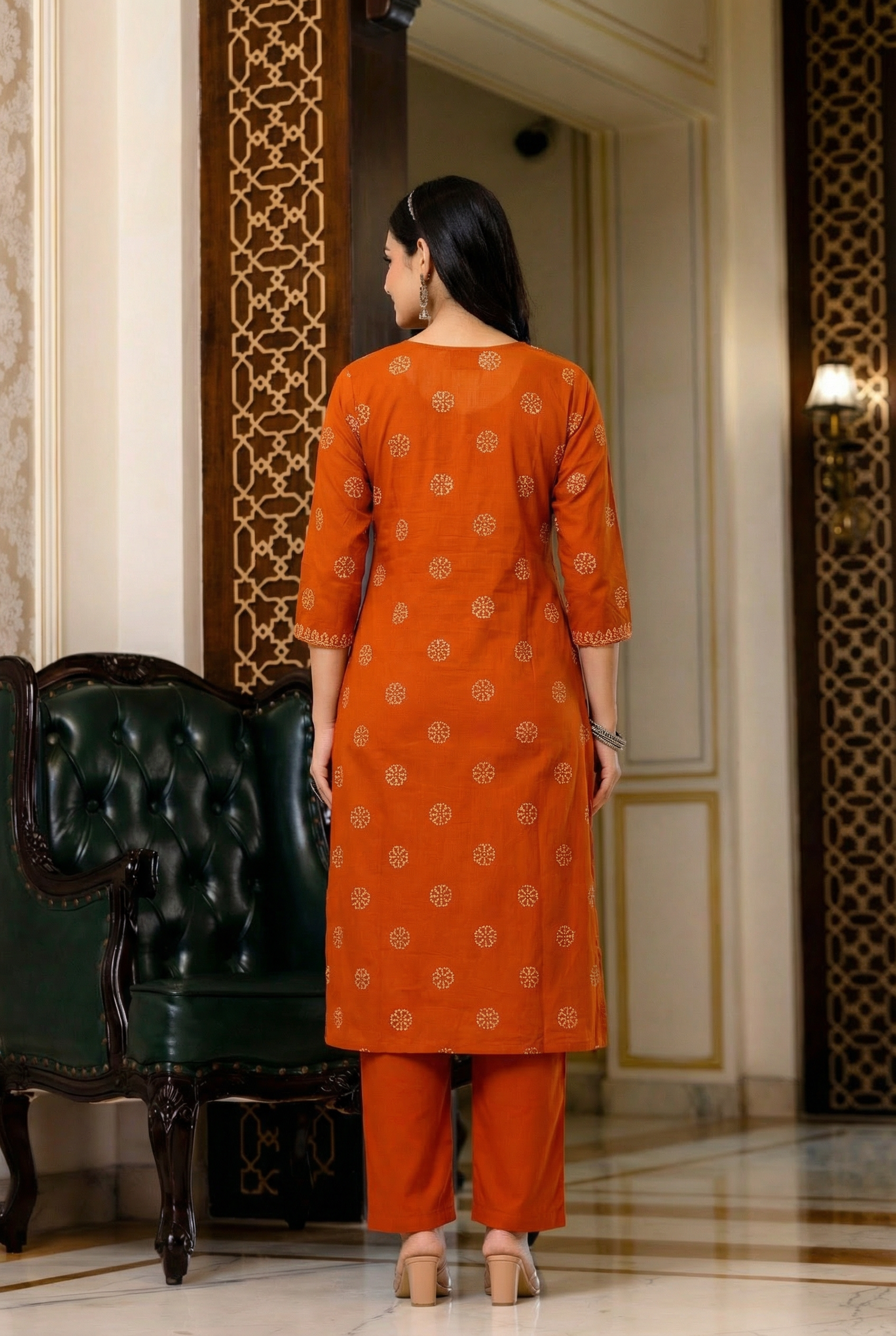Orange Handblock Inspired Printed Cotton Kurta Pant Set with Dupatta
