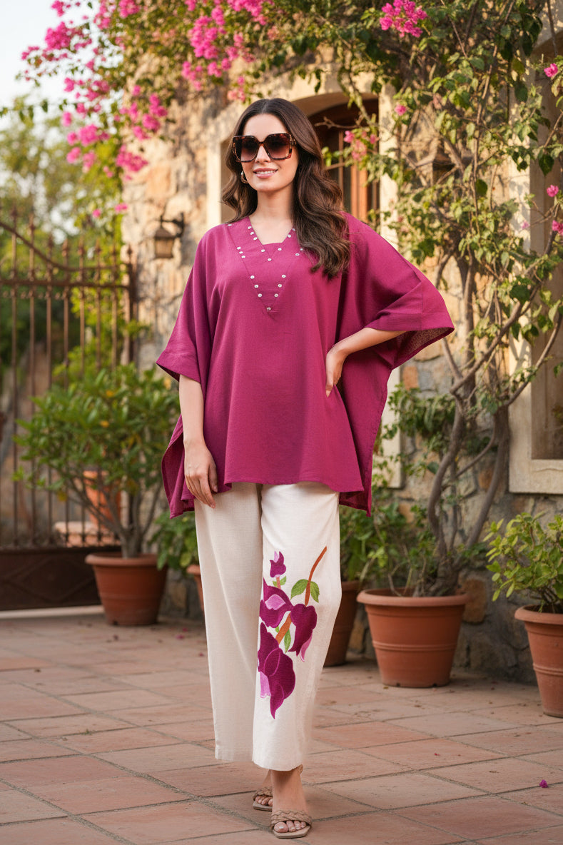 Wine Blossom Elegance Cotton Flex Co-ord Set