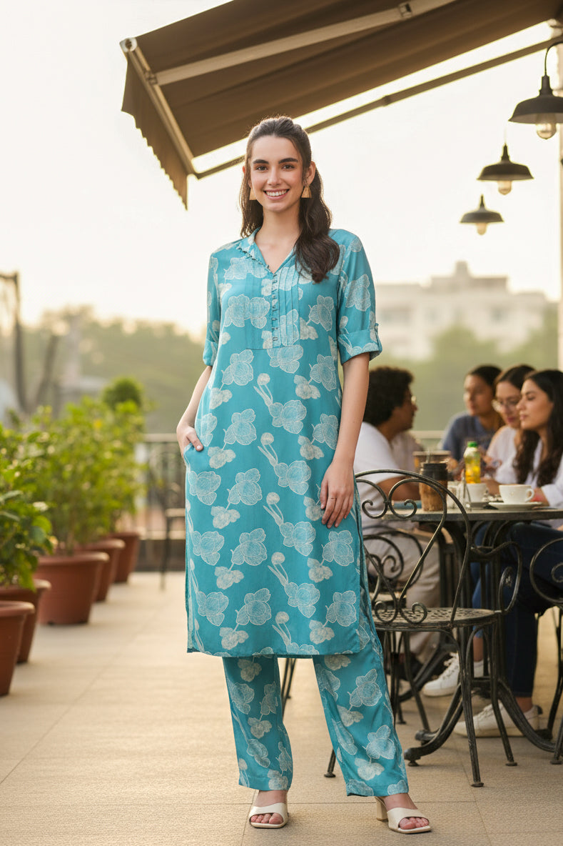 Frosted Petals Blue Russian Silk Co-ord Set