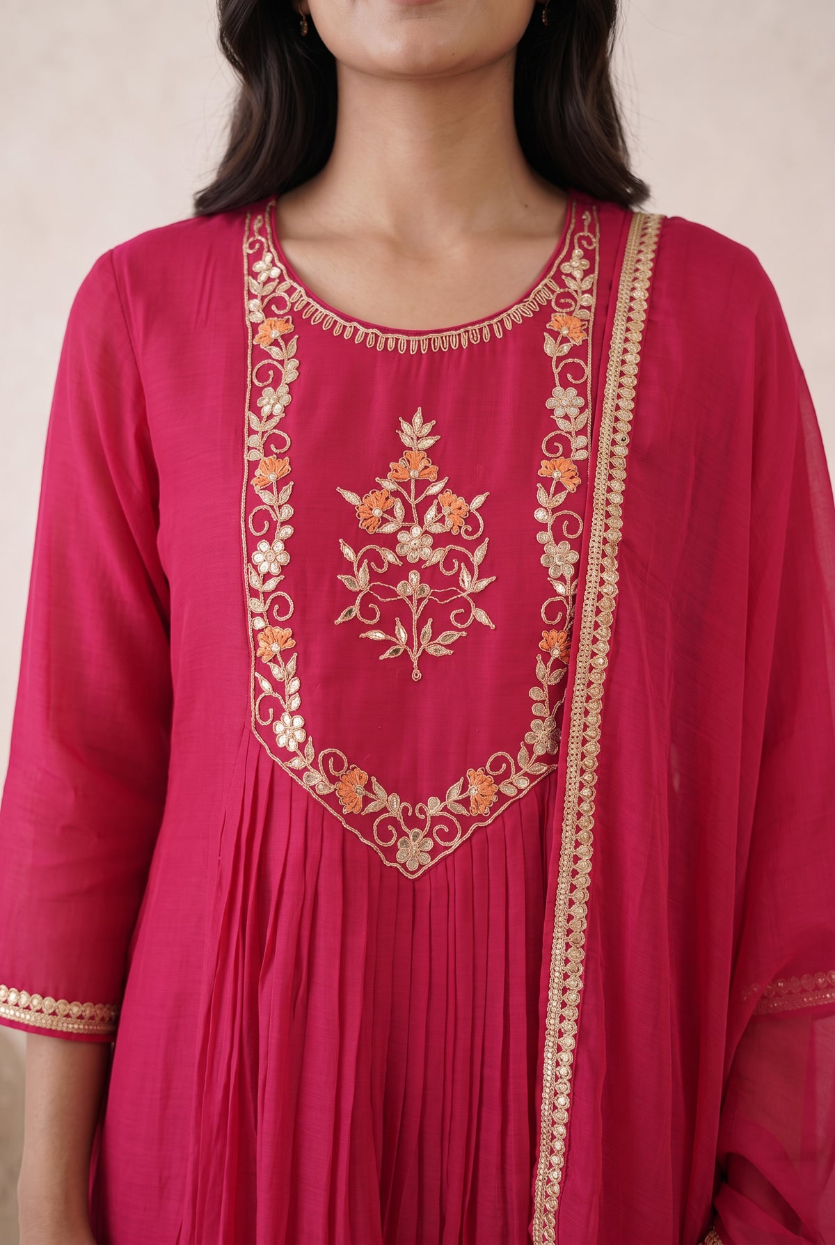 Fuchsia Pink Floral Embroidered Mul Chanderi Kurta Set with Dupatta