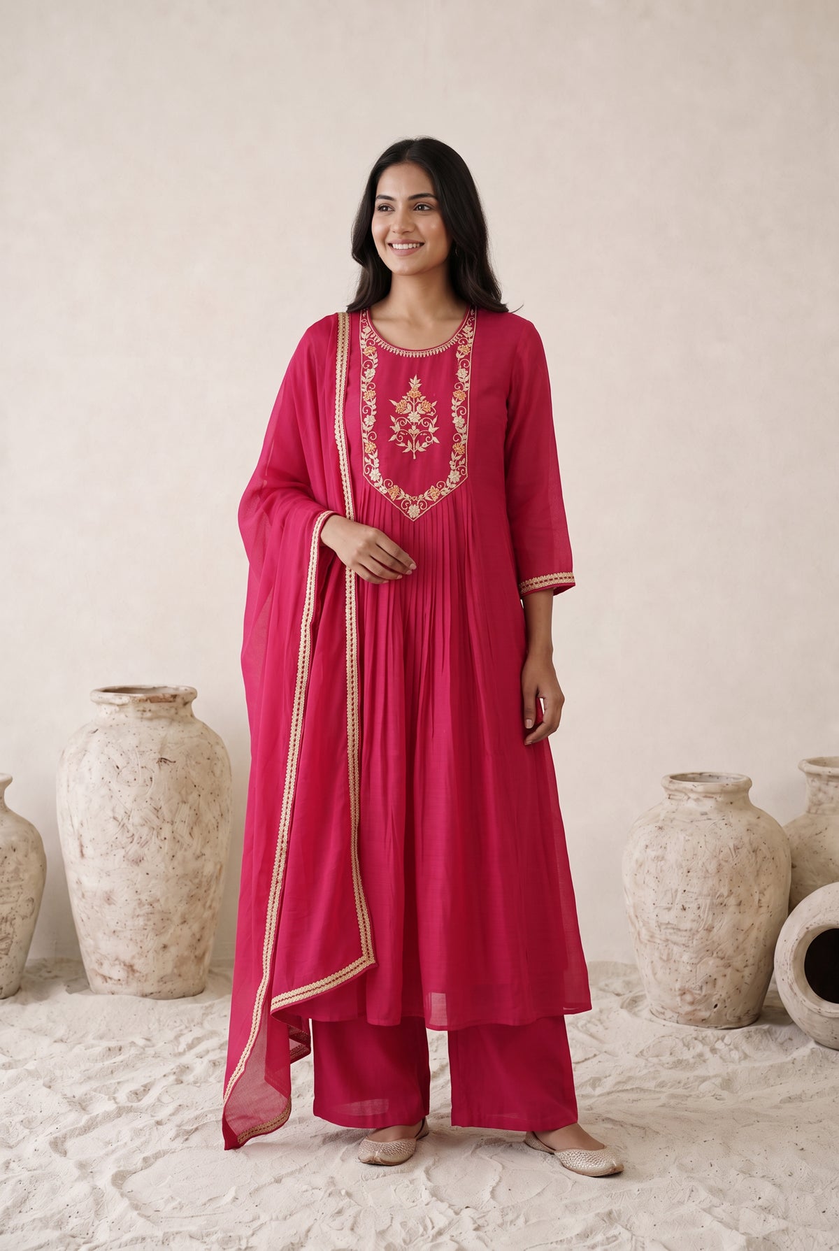 Fuchsia Pink Floral Embroidered Mul Chanderi Kurta Set with Dupatta