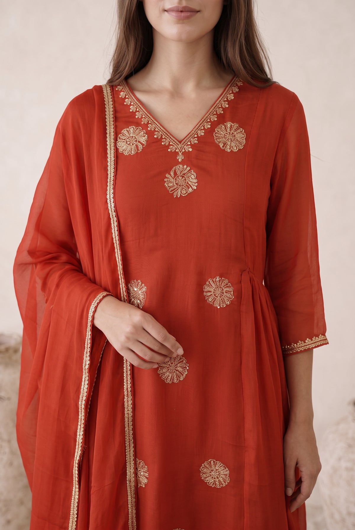 Rust Orange Floral Embroidered Mul Chanderi Kurta Set with Dupatta