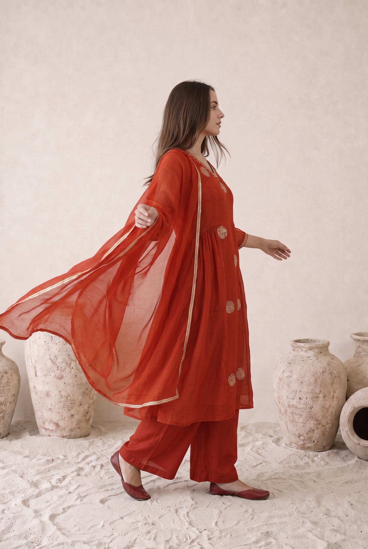 Rust Orange Floral Embroidered Mul Chanderi Kurta Set with Dupatta