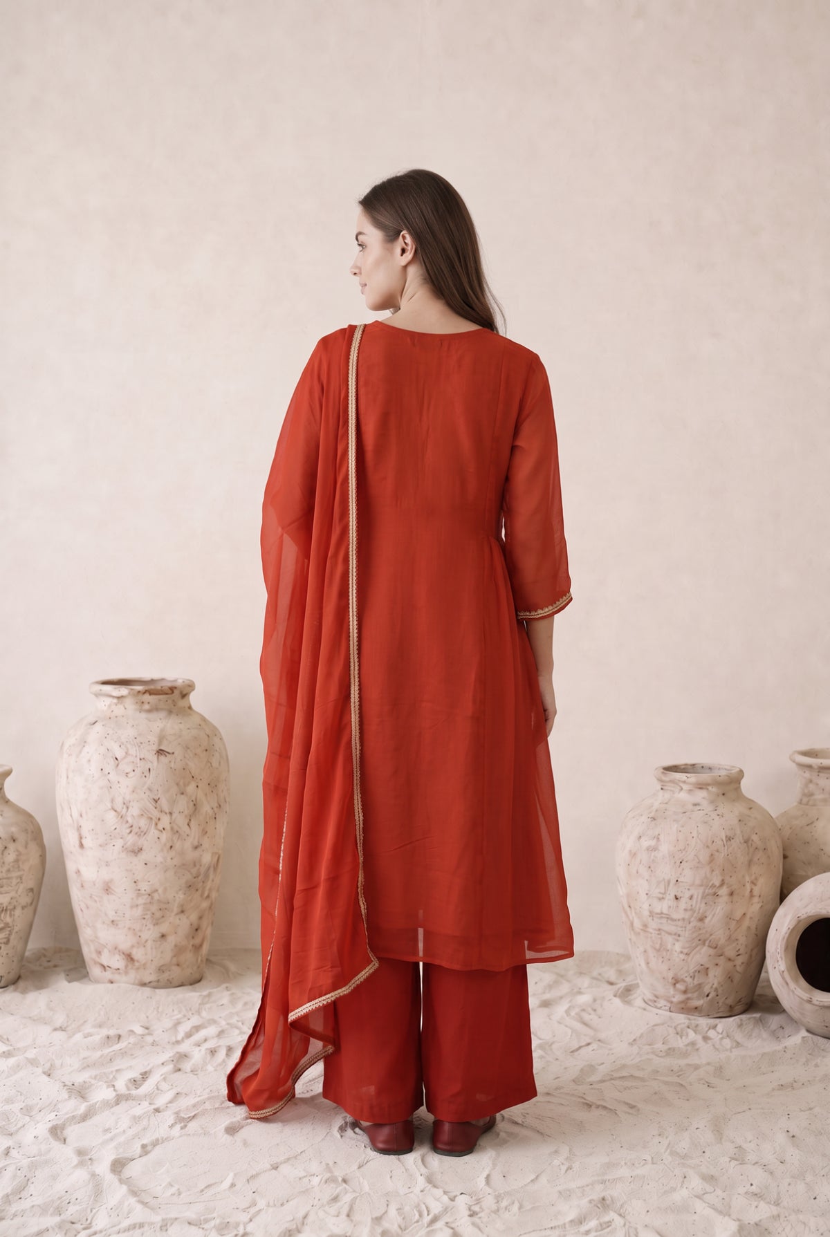 Rust Orange Floral Embroidered Mul Chanderi Kurta Set with Dupatta