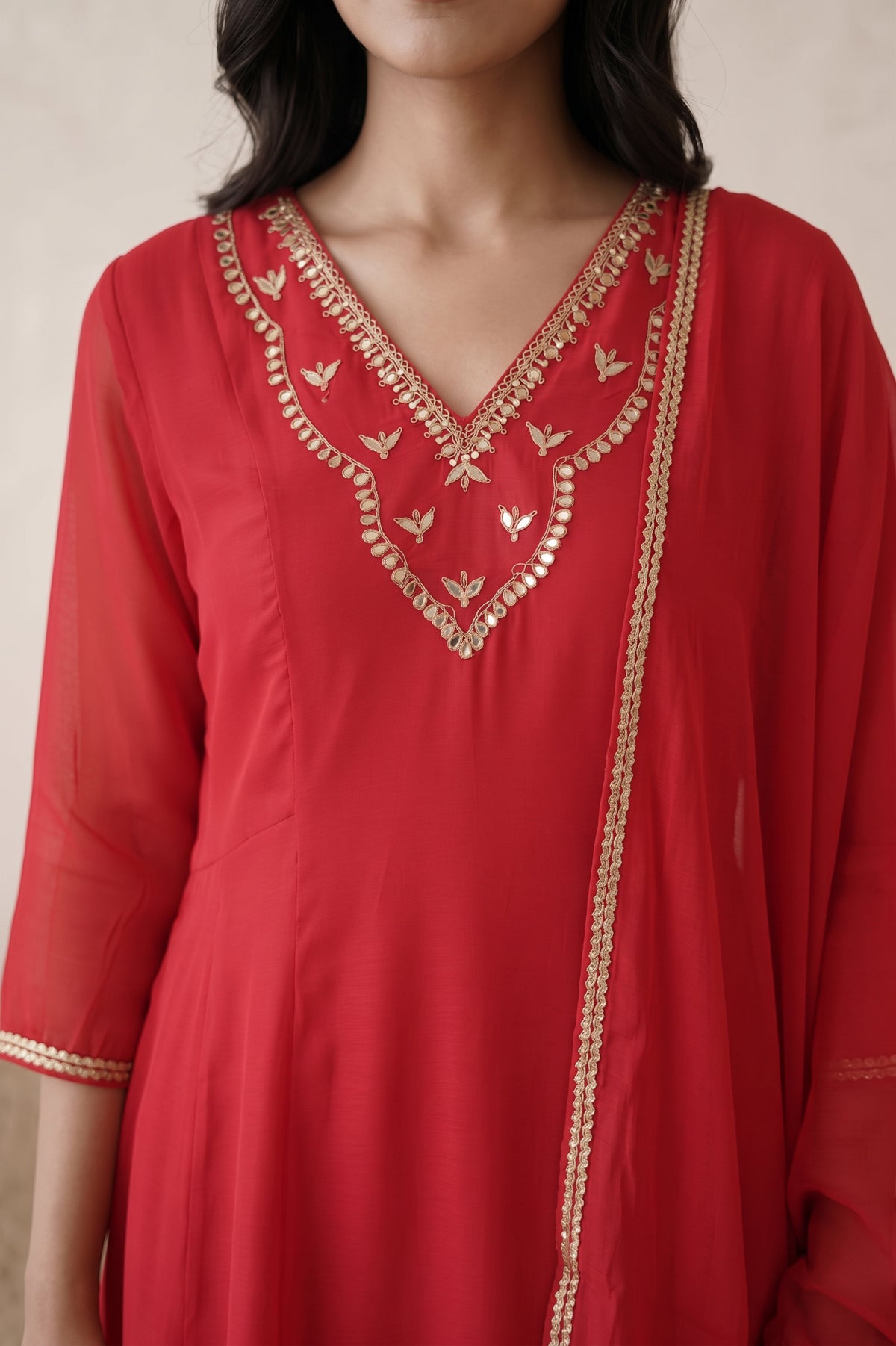 Red Embroidered V-Neck Mul Chanderi Kurta Set with Dupatta