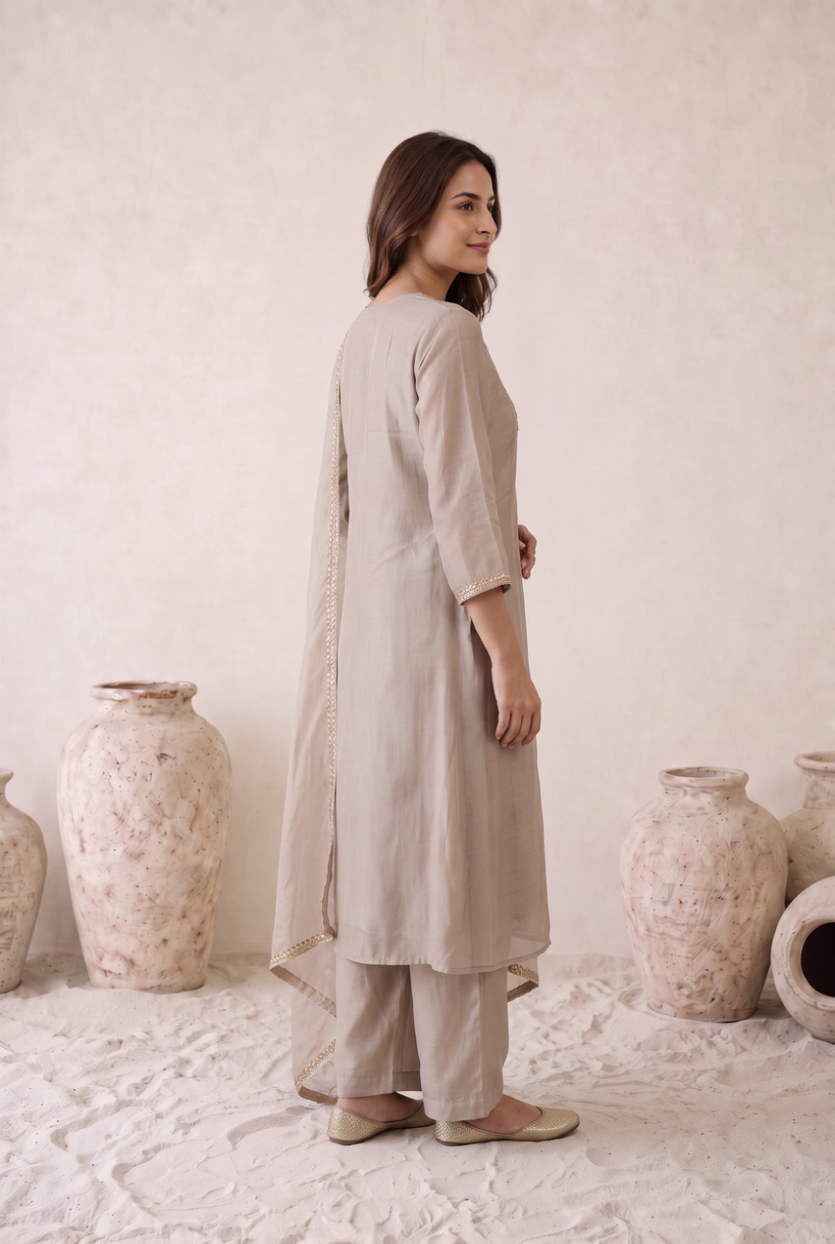 Taupe Beige Embroidered Mul Chanderi Kurta Set with Dupatta