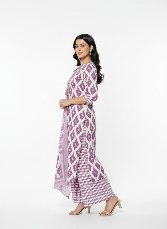 Lavender & White Ikat Printed Straight Kurta Set with Dupatta