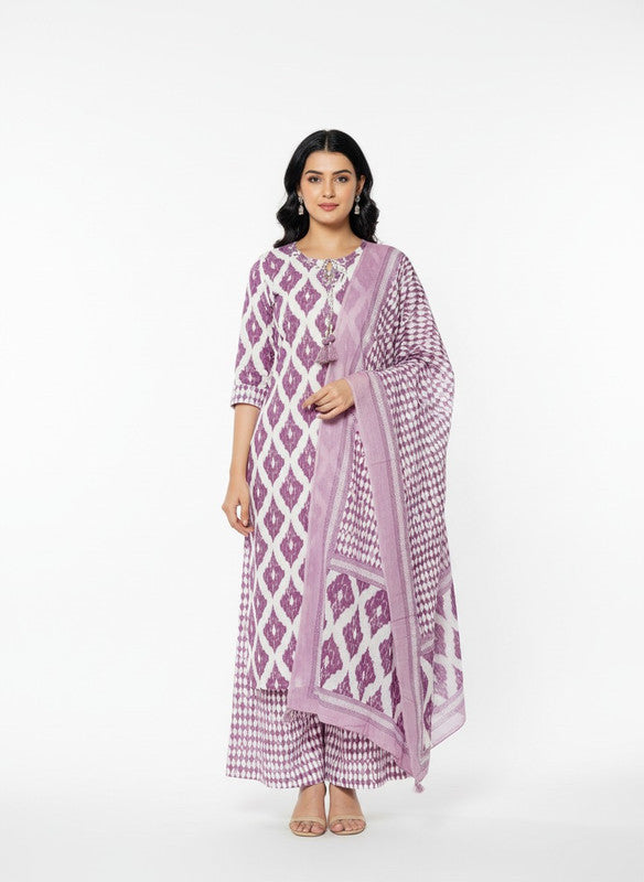 Lavender & White Ikat Printed Straight Kurta Set with Dupatta
