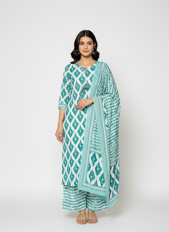 Teal Ikat Printed Straight Kurta with Palazzo Pants & Dupatta