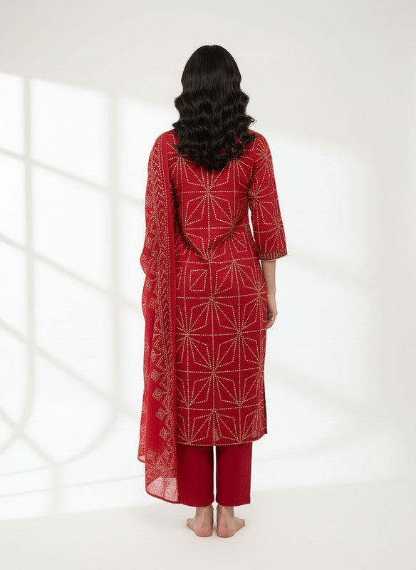 Classic Crimson Bandhani Motif Kurta Set with Dupatta