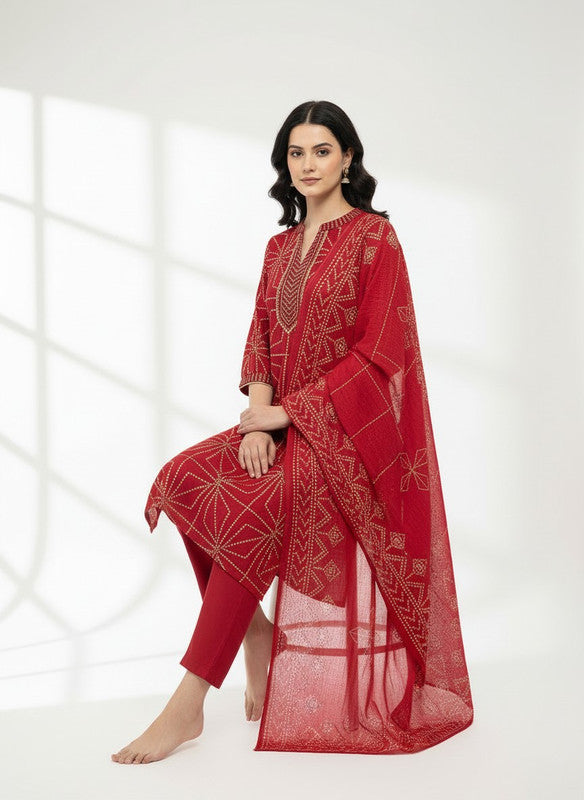 Classic Crimson Bandhani Motif Kurta Set with Dupatta