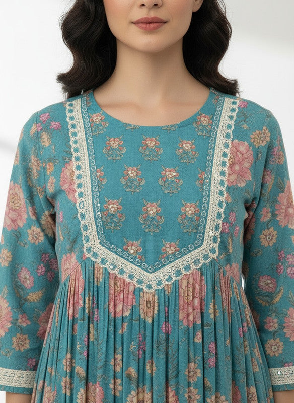Elegant Teal Floral Anarkali Kurta Pant Set with Dupatta