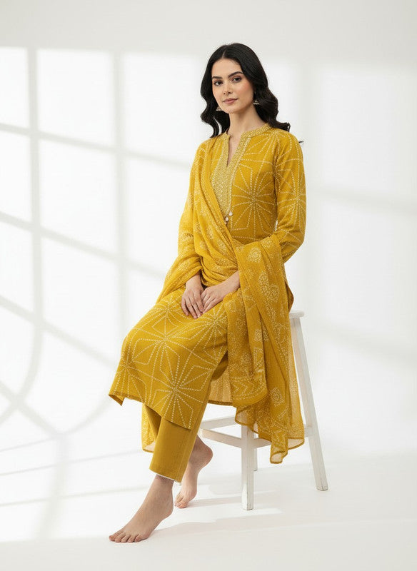 Elegant Mustard Bandhani Printed Kurta Pant Set with Dupatta