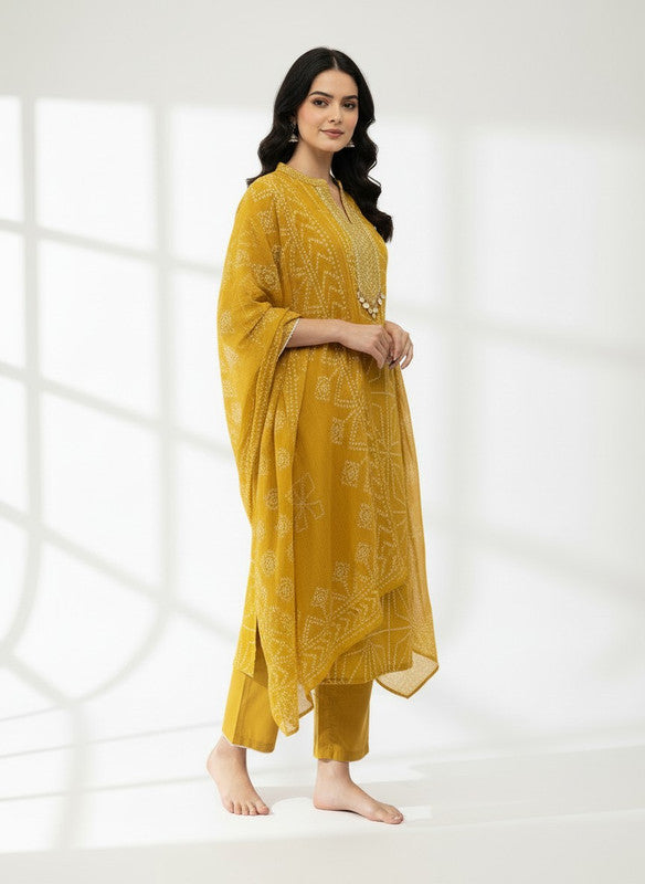 Elegant Mustard Bandhani Printed Kurta Pant Set with Dupatta