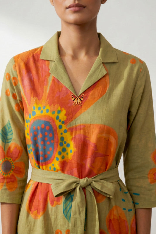 Olive Artistic Floral Printed Wrap Style Cotton Midi Dress