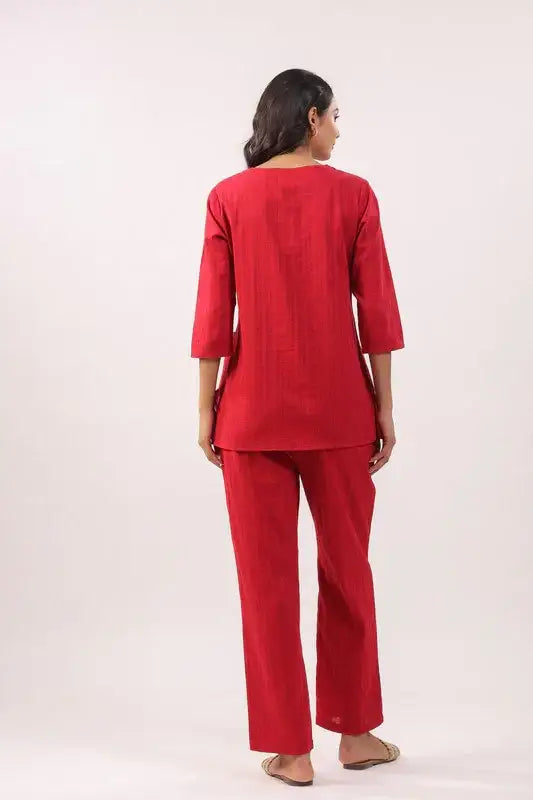 Garnet Glow Cotton Dobby Loungewear Top Set