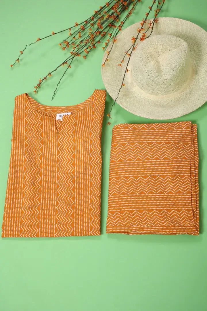 Patterned Bandhej on Cotton Mustard Palazzo Loungewear Set