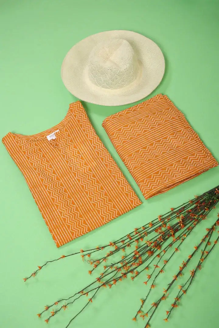 Patterned Bandhej on Cotton Mustard Palazzo Loungewear Set