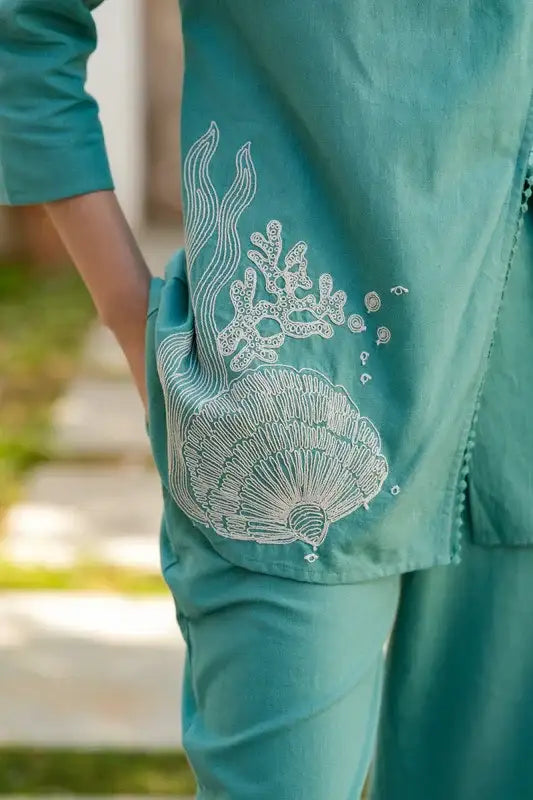Teal Twinkle Embroidered Cotton Flex Co-ord Set