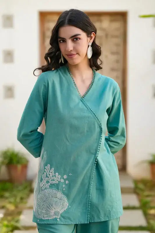 Teal Twinkle Embroidered Cotton Flex Co-ord Set