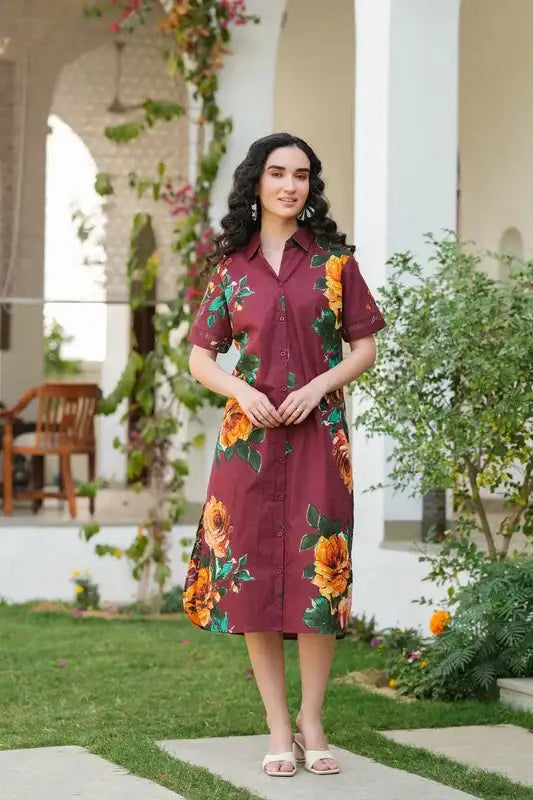 maroon cotton dress for women Oh!zuza Night&day Echo Ribbed Cotton Midi Dress