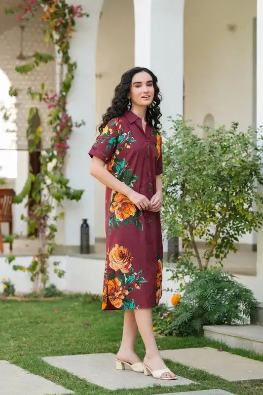 Maroon Meadow Shirt Cotton Dress