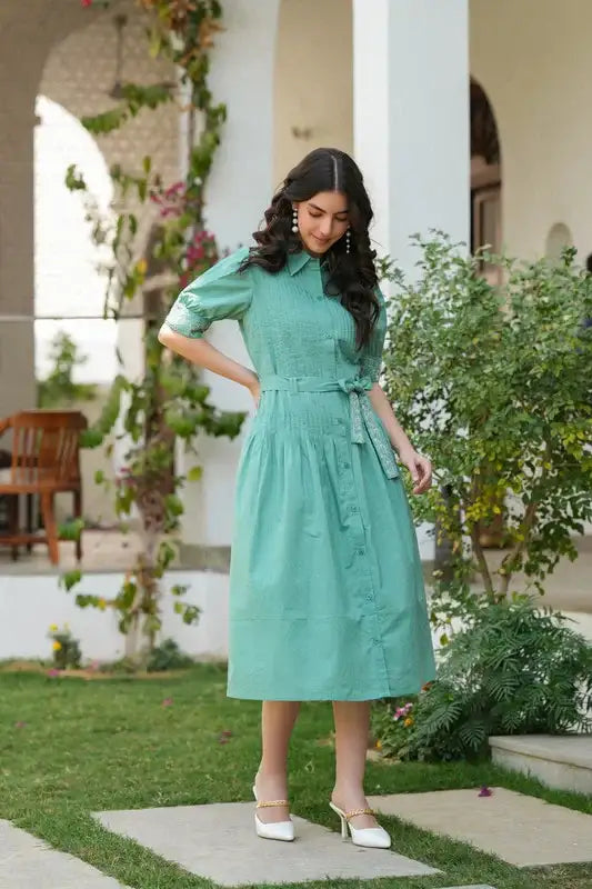 Sage Green Embroidered Cotton Shirt Dress