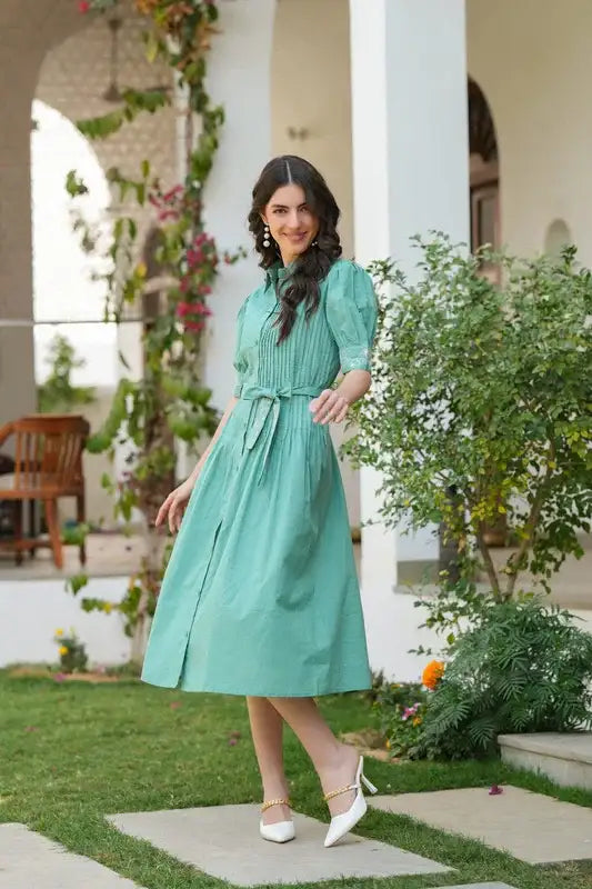 Sage Green Embroidered Cotton Shirt Dress