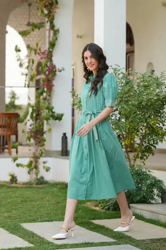 Sage Green Embroidered Cotton Shirt Dress