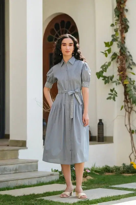 Moonlit Embroidery Cotton Shirt Dress