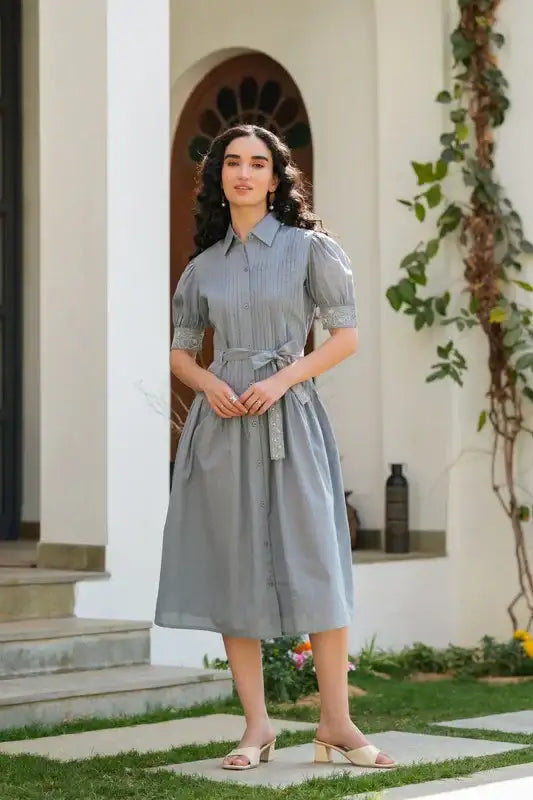 Moonlit Embroidery Cotton Shirt Dress