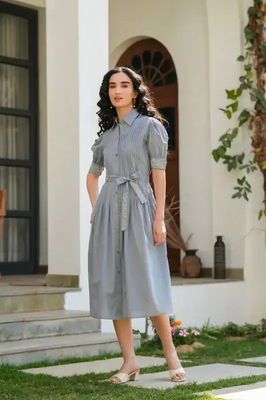 Moonlit Embroidery Cotton Shirt Dress