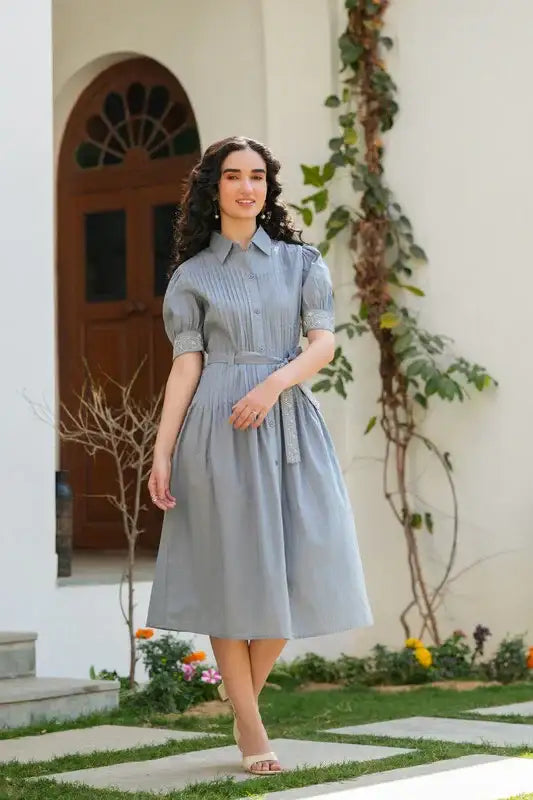 Moonlit Embroidery Cotton Shirt Dress