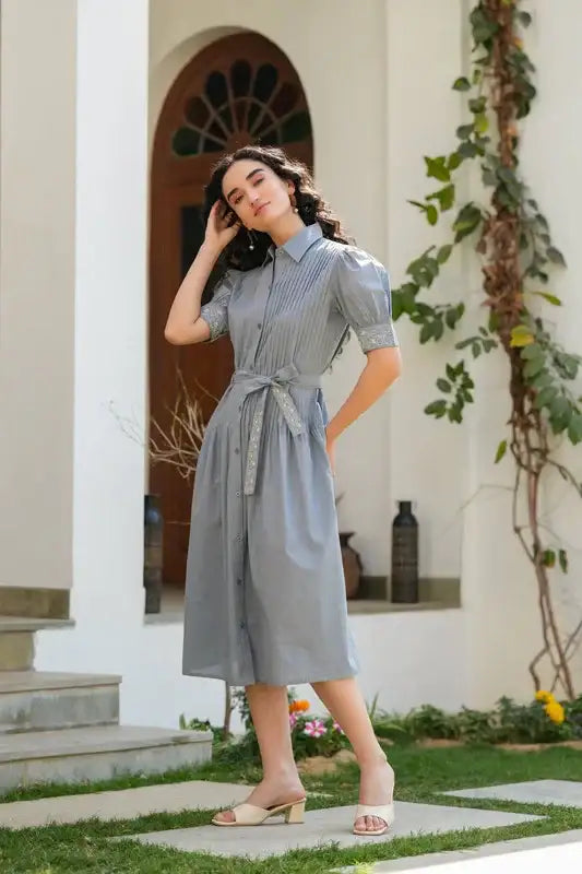 Moonlit Embroidery Cotton Shirt Dress