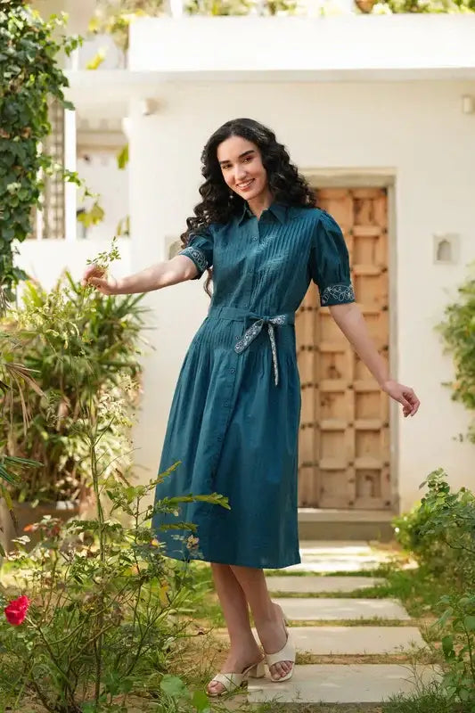 Emerald Embroidery Cotton Shirt Dress
