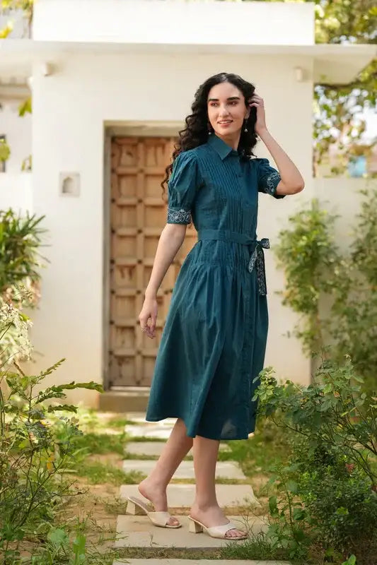 Emerald Embroidery Cotton Shirt Dress
