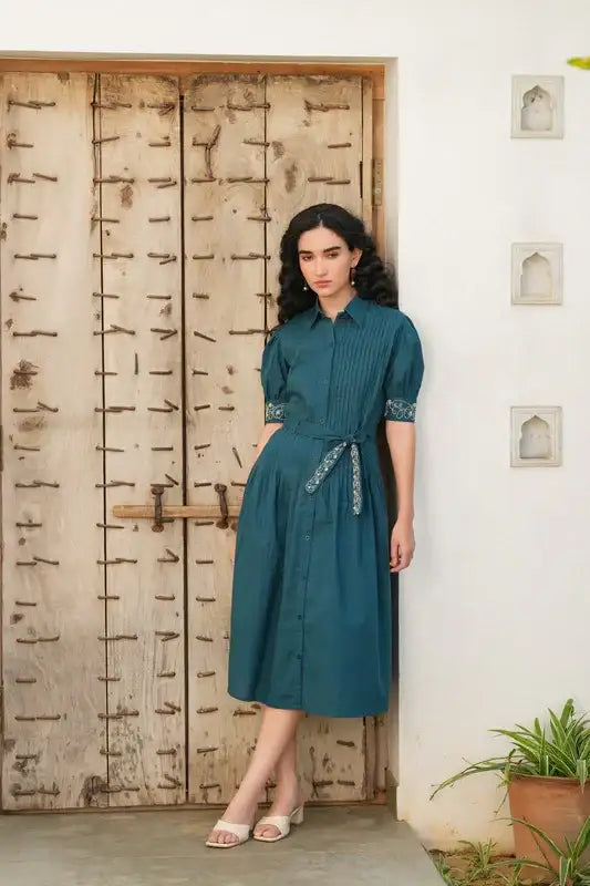 Emerald Embroidery Cotton Shirt Dress