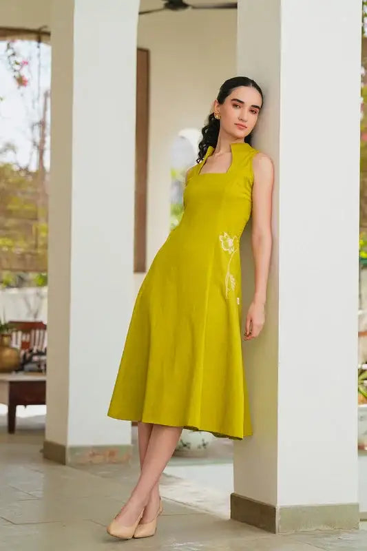 Lime Embroidery Cotton Flex Dress