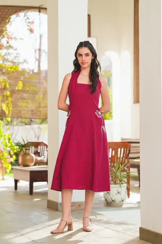 cherry red dress Cherry Red Embroidery Cotton Flex Dress