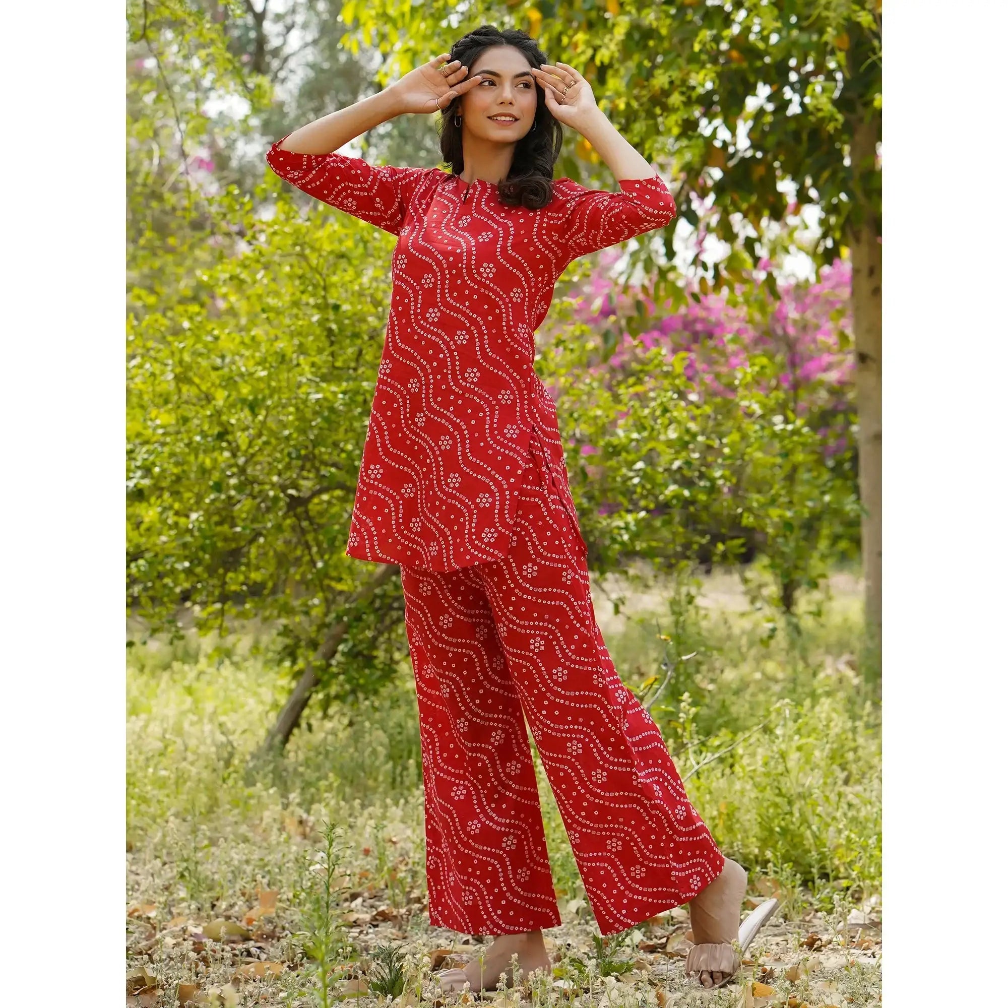 Patterned Bandhej on Red Cotton Loungewear Top Set